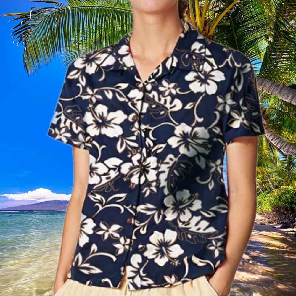 Women’s Hilo Hattie Hibiscus Navy Hawaiian Shirt Blouse Made in HI NWOT L
